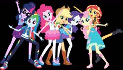 Size: 1183x676 | Tagged: safe, artist:birulxmen, imported from derpibooru, applejack, fluttershy, pinkie pie, rainbow dash, rarity, sci-twi, sunset shimmer, twilight sparkle, human, equestria girls, belt, black background, boots, bracelet, clothes, cowboy boots, cowboy hat, cutie mark, cutie mark on clothes, denim skirt, eyeshadow, family, fluttershy boho dress, geode of empathy, geode of fauna, geode of shielding, geode of sugar bombs, geode of super speed, geode of super strength, geode of telekinesis, glasses, hairband, hairpin, hat, high heels, hoodie, humane five, humane seven, humane six, jewelry, leather vest, looking at you, magical geodes, makeup, necklace, open-toed shoes, pants, pantyhose, pencil skirt, pendant, polo shirt, pose, rah rah skirt, rarity peplum dress, shoes, shoulderless shirt, simple background, skirt, sleeveless, smiling, smiling at you, sneakers, spikes, stetson, sunset's friends, sweatpants, tanktop, vest, wristband