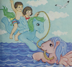 Size: 928x864 | Tagged: safe, imported from derpibooru, firefly, medley, bird, human, pegasus, pony, child, children, clothes, g1, my little pony and the new friends, ocean, peril, rescue, riding, riding a pony, rope, swimming, swimsuit, water, waving, wet, wet mane, wet mane firefly