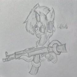 Size: 3368x3324 | Tagged: safe, artist:rony, imported from derpibooru, oc, oc only, oc:coldfroth, earth pony, monster pony, ak105, cyrillic, gun, russian, solo, traditional art, weapon