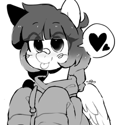 Size: 2048x2048 | Tagged: safe, imported from derpibooru, oc, oc only, oc:arwencuack, pegasus, pony, :p, clothes, eye clipping through hair, grayscale, heart, hoodie, monochrome, pegasus oc, pictogram, simple background, solo, tongue out, white background, wings