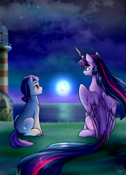 Size: 2053x2849 | Tagged: safe, artist:lina, artist:megabait, imported from derpibooru, twilight sparkle, alicorn, earth pony, pony, the last problem, argyle starshine, cloud, female, g5, grass, high res, horn, horn ring, lighthouse, male, mare, moon, night, ocean, older, older twilight, ring, sitting, stallion, twilight sparkle (alicorn), water, wings