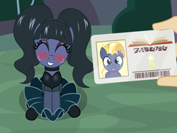 Size: 2379x1791 | Tagged: safe, artist:badumsquish, derpibooru exclusive, imported from derpibooru, star tracker, oc, earth pony, pony, alternate hairstyle, black lipstick, blushing, choker, clothes, colt, cosplay, costume, crossdressing, crossplay, duo, embarrassed, eyes closed, eyeshadow, femboy, foal, freckles, girly, gloves, goth, grin, happy, holding, library card, lipstick, long hair, makeup, male, offscreen character, pigtails, pov, seems legit, sitting, skirt, smiling, socks, starcrossed, trap