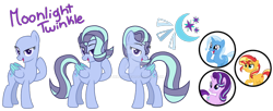 Size: 1280x524 | Tagged: safe, artist:denovoanew, artist:elementbases, imported from derpibooru, starlight glimmer, sunset shimmer, trixie, oc, oc:moonlight twinkle, pegasus, unicorn, base, base used, colored wings, cutie mark, deviantart watermark, hair over one eye, magical lesbian spawn, obtrusive watermark, offspring, parent:starlight glimmer, parent:trixie, parents:startrix, pegasus oc, reference sheet, simple background, transparent background, watermark, wings