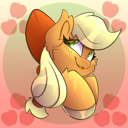 Size: 2500x2500 | Tagged: safe, artist:starcasteclipse, imported from derpibooru, applejack, earth pony, pony, blushing, bow, bust, cute, gradient background, hair bow, jackabetes, portrait, solo