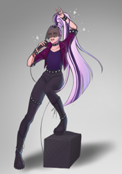 Size: 2108x2997 | Tagged: safe, artist:nebulapurpleart, imported from derpibooru, coloratura, human, count tessiture, countess coloratura, crossdressing, high res, humanized, long hair, male, microphone, rule 63, solo, speaker, tessiture