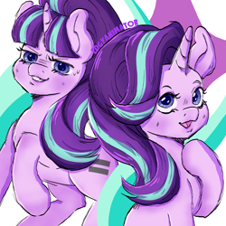 Size: 2000x2000 | Tagged: safe, artist:edgyanimator, derpibooru exclusive, imported from derpibooru, starlight glimmer, pony, unicorn, blue eyes, blushing, duality, ears up, equal cutie mark, evil, evil grin, female, grin, long hair, looking at you, mare, open mouth, open smile, purple hair, raised hoof, s5 starlight, simple background, smiling