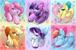 Size: 7500x4990 | Tagged: safe, artist:starcasteclipse, imported from derpibooru, applejack, fluttershy, pinkie pie, rainbow dash, rarity, twilight sparkle, alicorn, earth pony, pegasus, pony, unicorn, bow, gradient background, hair bow, mane six, tongue out, twilight sparkle (alicorn)