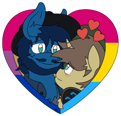 Size: 2160x2075 | Tagged: safe, artist:protoshadez, imported from derpibooru, oc, oc only, oc:shadez, oc:twist o'fate, pony, unicorn, bisexual male, bisexual pride flag, bisexuality, cute, duo, gay, gay pride, gay pride flag, gift art, hat, headphones, heart, hearts and hooves day, holiday, horn, love, male, pans, pansexual, pansexual pride flag, png, pooka, precious, present, pride, pride flag, relationship, relationships, shipping, simple background, transparent background, unicorn oc, valentine, valentine's day