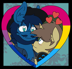 Size: 2160x2075 | Tagged: safe, alternate version, artist:protoshadez, imported from derpibooru, oc, oc only, oc:shadez, oc:twist o'fate, pony, unicorn, bisexual male, bisexual pride flag, bisexuality, cute, duo, gay, gay pride, gay pride flag, gift art, hat, headphones, heart, hearts and hooves day, holiday, horn, love, male, pans, pansexual, pansexual pride flag, png, pooka, precious, present, pride, pride flag, relationship, relationships, shipping, unicorn oc, valentine, valentine's day