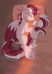 Size: 1748x2480 | Tagged: safe, artist:janelearts, imported from derpibooru, oc, oc only, oc:dusty ember, pegasus, pony, pillow, sleeping, solo, tail
