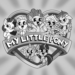 Size: 1280x1280 | Tagged: safe, alternate version, artist:inkies299, imported from derpibooru, applejack, fluttershy, pinkie pie, rainbow dash, rarity, spike, twilight sparkle, alicorn, dragon, earth pony, pegasus, pony, unicorn, animaniacs, black and white, female, floppy ears, grayscale, male, mane seven, mane six, mare, monochrome, open mouth, open smile, pac-man eyes, smiling, spread wings, tongue out, wings