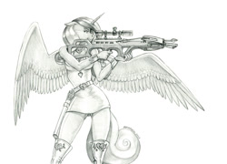 Size: 1500x1077 | Tagged: safe, artist:baron engel, imported from derpibooru, princess cadance, alicorn, anthro, arrow, crossbow, female, gun, mare, monochrome, pencil drawing, quiver, solo, traditional art, weapon