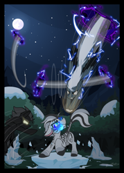 Size: 1700x2374 | Tagged: safe, artist:sherathoz, imported from derpibooru, oc, oc only, oc:tempest streamrider, pegasus, pony, zebra, commission, fight, flying, night, outdoors, portals