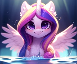 Size: 3072x2560 | Tagged: safe, imported from derpibooru, princess cadance, alicorn, pony, abstract background, ai content, ai generated, cute, depth of field, eyebrows, female, generator:purplesmart.ai, generator:stable diffusion, looking at you, mare, prompter:nightluna, smiling, smiling at you, solo, splashing, spread wings, water, watermark, wings