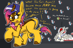 Size: 3000x2000 | Tagged: safe, artist:aryn, imported from derpibooru, oc, oc only, oc:awya lightfeather, oc:line art, kirin, pegasus, pony, kirin oc, kirin-ified, kirinposting, pegasus oc, potion, shitposting, simple background, species swap, two toned mane