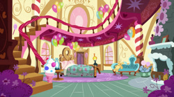 Size: 1194x669 | Tagged: safe, artist:mlp-silver-quill, imported from derpibooru, balloon, bed, fireplace, flower, mirror, no pony, stairs, sugarcube corner, window