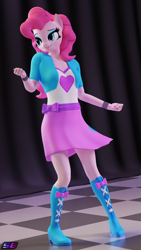 Size: 2160x3840 | Tagged: safe, artist:shadowboltsfm, imported from derpibooru, pinkie pie, anthro, earth pony, plantigrade anthro, 3d, blender, boots, bracelet, breasts, clothes, cute, dancing, equestria girls outfit, eyeshadow, female, high heel boots, high res, jewelry, makeup, not sfm, shirt, shoes, skirt, smiling, solo
