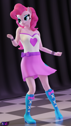 Size: 2160x3840 | Tagged: safe, artist:shadowboltsfm, imported from derpibooru, pinkie pie, anthro, earth pony, plantigrade anthro, 3d, blender, boots, bracelet, breasts, clothes, cute, dancing, equestria girls outfit, eyeshadow, female, high heel boots, high res, jewelry, makeup, not sfm, shoes, shoulderless, skirt, smiling, solo