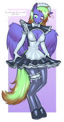 Size: 1392x2616 | Tagged: safe, artist:c91industries, imported from derpibooru, oc, oc only, oc:electra, anthro, pegasus, unguligrade anthro, abstract background, breasts, cleavage, clothes, cursed, evening gloves, female, gloves, heterochromia, hoof shoes, latex dress, long gloves, maid, maid headdress, offscreen character, pegasus oc, skirt, solo, talking, wings