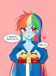 Size: 611x821 | Tagged: safe, artist:rainn__1026, imported from derpibooru, rainbow dash, human, blushing, bronybait, cute, dashabetes, engrish, eyebrows, eyebrows visible through hair, female, heart, holiday, humanized, pink background, pony coloring, present, simple background, solo, speech bubble, sweat, talking to viewer, valentine's day