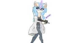 Size: 3840x2160 | Tagged: safe, artist:straighttothepointstudio, imported from derpibooru, oc, oc only, anthro, unicorn, 4k, anime, anthro oc, blue hair, clothes, coat, denim, digital art, ear fluff, eyebrows, female, g5, glasses, glowing, glowing horn, gun, high res, horn, jeans, levitation, long hair, looking back, magic, open mouth, p90, pants, purple eyes, reloading, simple background, solo, submachinegun, telekinesis, transparent background, unicorn oc, weapon