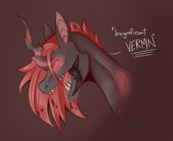 Size: 2000x1620 | Tagged: safe, artist:venobatss, imported from derpibooru, oc, changeling queen, bust, changeling queen oc, fangs, glowing, glowing eyes, red changeling, solo, story included, talking