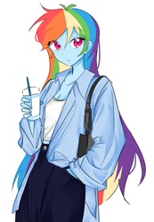 Size: 577x835 | Tagged: safe, artist:rainn__1026, imported from derpibooru, rainbow dash, human, bag, breasts, cleavage, delicious flat chest, drink, drinking straw, female, hand in pocket, humanized, looking at you, pony coloring, rainbow flat, shoulder bag, simple background, solo, white background