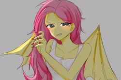 Size: 1254x829 | Tagged: safe, artist:rainn__1026, imported from derpibooru, fluttershy, bat pony, human, bare shoulders, bat ponified, bat wings, clothes, fangs, female, fingernails, flutterbat, humanized, looking at you, pony coloring, race swap, sleeveless, solo, tanktop, winged humanization, wings