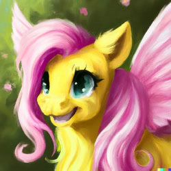 Size: 1024x1024 | Tagged: safe, editor:degenlife, imported from derpibooru, fluttershy, pegasus, pony, ai content, ai generated, female, mare, open mouth, open smile, smiling, solo, spread wings, wings