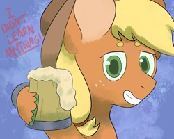 Size: 1280x1024 | Tagged: safe, artist:fizzycolalizzie, imported from derpibooru, applejack, earth pony, pony, cider, cider mug, februpony, female, grin, mare, mug, simple background, smiling, solo, text