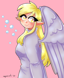 Size: 1800x2211 | Tagged: safe, artist:mylittleyuri, imported from derpibooru, derpy hooves, human, blushing, clothes, cute, derpabetes, elf ears, female, humanized, pink background, simple background, solo, sweater, winged humanization, wings
