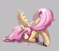 Size: 2384x2070 | Tagged: safe, artist:i love hurt, imported from derpibooru, fluttershy, pegasus, pony, covering, face down ass up, female, hooves, mare, simple background, solo, tail, tail covering, underhoof