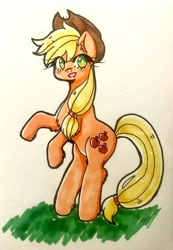Size: 2789x4030 | Tagged: safe, artist:mylittleyuri, imported from derpibooru, applejack, earth pony, pony, applejack's hat, cowboy hat, cute, female, hat, jackabetes, mare, open mouth, rearing, solo, traditional art
