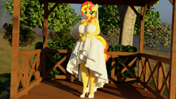 Size: 5760x3240 | Tagged: safe, imported from twibooru, sunset shimmer, anthro, 3d, blender, blender cycles, bride, clothes, dress, gazebo, image, png, wedding dress