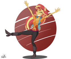 Size: 5656x4640 | Tagged: safe, artist:koffeeink, imported from derpibooru, sunset shimmer, human, equestria girls, boots, clothes, shoes, smiling, solo