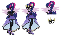 Size: 1024x617 | Tagged: safe, artist:lovemonsterhigh123, imported from twibooru, sci-twi, twilight sparkle, equestria girls, belt, carnival, clothes, dress, glasses, gown, high heels, image, mask, needs more jpeg, ponied up, ponytail, shoes