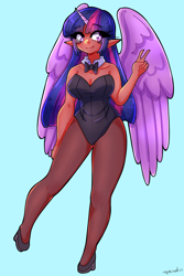 Size: 1800x2700 | Tagged: safe, artist:mylittleyuri, imported from derpibooru, twilight sparkle, alicorn, human, alicorn humanization, big breasts, blue background, bowtie, breasts, bunny suit, busty twilight sparkle, clothes, dark skin, elf ears, female, high heels, horn, horned humanization, humanized, pantyhose, peace sign, playboy bunny, shoes, simple background, socks, solo, stockings, thigh highs, twilight sparkle (alicorn), winged humanization, wings