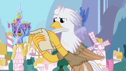 Size: 1280x720 | Tagged: safe, artist:mlp-silver-quill, imported from derpibooru, oc, oc only, oc:silver quill, hippogriff, after the fact, after the fact:the cutie map, paper, ponyville, quill, solo, twilight's castle, water, waterfall, windmill