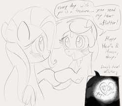 Size: 1095x949 | Tagged: safe, artist:dotkwa, imported from derpibooru, fluttershy, oc, oc:deary dots, earth pony, pegasus, pony, blushing, canon x oc, cute, dialogue, female, gray background, grayscale, heart, holding hooves, holiday, lesbian, monochrome, ocbetes, shipping, shyabetes, simple background, speech bubble, valentine's day