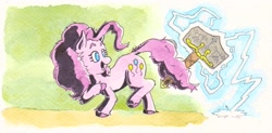 Size: 2283x1121 | Tagged: safe, artist:lost marbles, artist:oxfordinaryart, imported from derpibooru, pinkie pie, earth pony, pony, hammer, lightning, mjölnir, solo, traditional art, war hammer, worthy