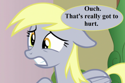 Size: 1080x720 | Tagged: safe, edit, edited screencap, imported from derpibooru, screencap, derpy hooves, pony, triple threat, cropped, reaction image, speech bubble, wince