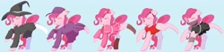 Size: 5634x1339 | Tagged: safe, artist:solid shrimp, imported from derpibooru, pinkie pie, earth pony, pony, succubus, boots, clothes, cute, detective, diapinkes, female, hat, ninja, outfit, shoes, simple background, socks, solo, witch, witch hat