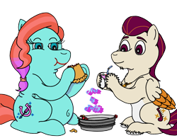 Size: 2675x2082 | Tagged: safe, artist:puffydearlysmith, imported from derpibooru, earth pony, pegasus, pony, belly button, crumbs, cup, double chin, drink, drinking straw, duo, eating, fat, fazz, female, food, g5, jazz hooves, jewelry, male, mare, necklace, pie, rockjazz, rocky riff, shipping, simple background, stallion, straight, stuffed, stuffed belly, transparent background, unshorn fetlocks