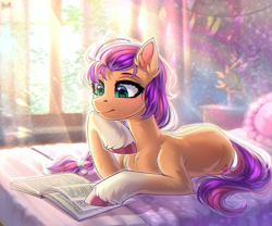 Size: 2400x2000 | Tagged: safe, artist:hakaina, imported from derpibooru, sunny starscout, earth pony, pony, backlighting, beautiful, bed, bedroom, book, braid, braided ponytail, chest fluff, coat markings, colored, crepuscular rays, cute, depth of field, ear fluff, eyelashes, female, fluffy, g5, gradient hooves, green eyes, high res, hoof fluff, hoof on chin, leg fluff, looking at something, looking down, lying down, mare, on bed, pillow, ponytail, potted plant, prone, reading, scrunchie, shading, shadow, signature, smiling, socks (coat markings), solo, spine, sunnybetes, unshorn fetlocks, window