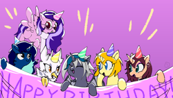 Size: 1920x1080 | Tagged: safe, artist:metaruscarlet, imported from derpibooru, oc, oc only, oc:chloe adore, oc:elizabat stormfeather, oc:gerbera, oc:midnight specter, oc:rain sunburst, oc:tippy toes, alicorn, bat pony, bat pony alicorn, hippogriff, pegasus, pony, unicorn, alicorn oc, bat pony oc, bat wings, birthday, choker, cute, ear piercing, earring, eyes closed, eyeshadow, female, flying, hat, hippogriff oc, horn, jewelry, makeup, mare, markings, open mouth, party hat, piercing, purple background, raised hoof, simple background, sunglasses, wings