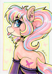 Size: 1467x2072 | Tagged: safe, artist:dandy, imported from derpibooru, oc, oc only, oc:bijou butterfly, earth pony, pony, chest fluff, clothes, copic, ear fluff, earth pony oc, eye clipping through hair, eyebrows, eyebrows visible through hair, female, jewelry, looking at you, looking back, looking back at you, mare, necklace, piercing, ponytail, sitting, solo, stockings, thigh highs, tongue out, traditional art