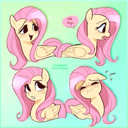 Size: 2433x2433 | Tagged: safe, artist:syrupyyy, imported from derpibooru, fluttershy, pegasus, pony, :i, blushing, cute, dialogue, emanata, expressions, eyes closed, female, floppy ears, gradient background, high res, mare, no iris, oh my, open mouth, open smile, plewds, shyabetes, smiling, solo, speech bubble