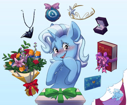 Size: 4485x3733 | Tagged: safe, artist:chub-wub, imported from derpibooru, trixie, pony, unicorn, bed, blanket, blue background, blushing, book, bouquet of flowers, bow, crackers, crown, cute, diatrixes, dream, female, flower, food, hammock, jewelry, letter, mare, necklace, open mouth, peanut butter, peanut butter crackers, present, regalia, ring, simple background, sleeping, solo, spellbook, tiara, wedding ring