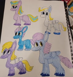 Size: 2908x3062 | Tagged: safe, artist:mintwhistle, imported from derpibooru, oc, oc only, oc:angel hooves, oc:chamomile, oc:miss hortensia, oc:miss hydrangea, oc:perfect pitch, earth pony, pegasus, pony, unicorn, colt, crayon drawing, earth pony oc, eyeshadow, female, foal, g5, g5 oc, group, horn, looking back, looking left, looking right, looking up, makeup, male, mare, missing cutie mark, no catchlights, pegasus oc, pink eyeshadow, quintet, sketchbook, smiling, stallion, traditional art, unicorn oc, unshorn fetlocks