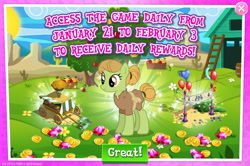 Size: 1956x1297 | Tagged: safe, imported from derpibooru, earth pony, pony, advertisement, background character, background pony, balloon, banner, burlap, burr laplander, bush, cart, coin, english, female, food, gameloft, gem, hair bun, mare, mobile game, my little pony: magic princess, numbers, official, pie, solo, solo focus, text